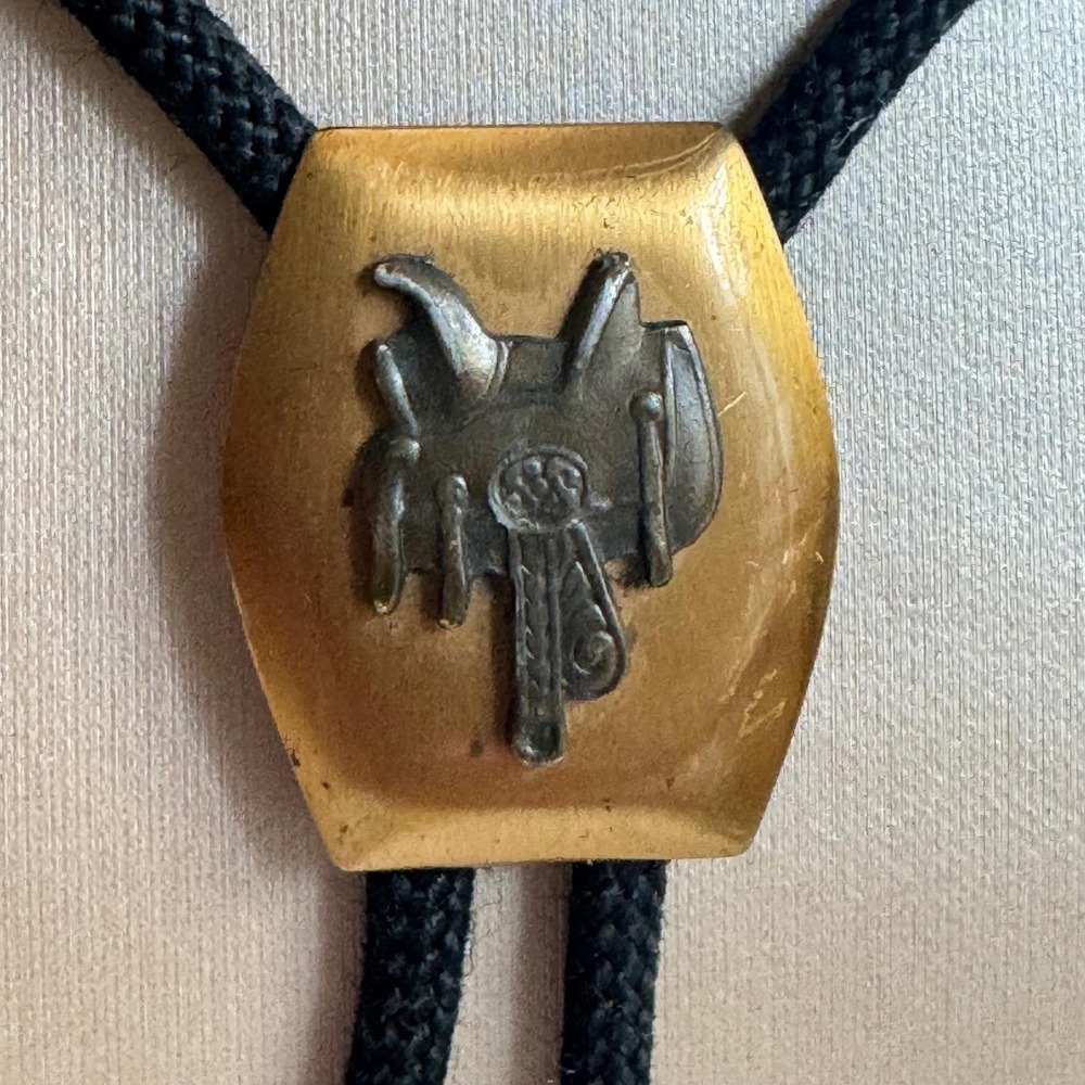 Vintage Western Copper Saddle Bolo Tie Shield Black Braided Cord Cowboy Tie - Picture 2 of 8